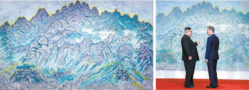 Above, North Korean leader Kim Jong un asks South Korean President Moon Jae in about a painting hanging in Peace House in Panmunjom during the inter-Korean summit on Friday. The landscape painting 〈Mount Bukhan〉 left, was by South Korean artist Min Joung ki. photo by JOINT PRESS CORPS