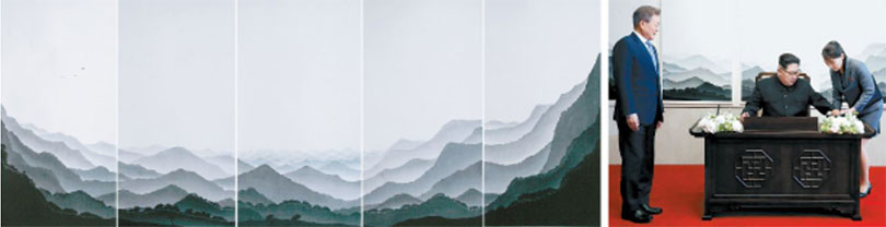 〈Sanun〉, a 2009 woodblock print by South Korean artist Kim Joon Kwon, is installed behind the table holding the visitor’s book. photo by JOINT PRESS CORPS