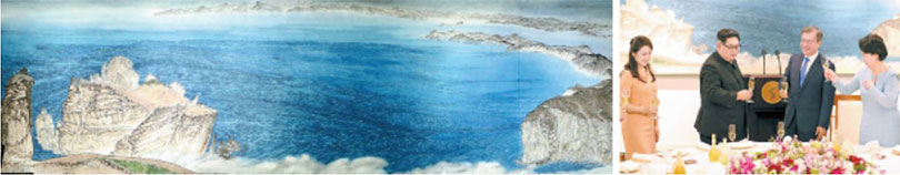 In the banquet room hangs the painting 〈From Dumu Port to Cape Jangsan〉 by artist Shin Tae-soo, which depicts the scenery around Baengnyeong Island. photo by JOINT PRESS CORPS