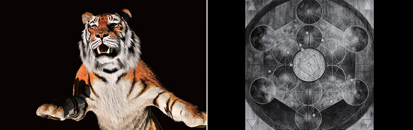 Left) Tzu Nyen Ho, One or Two Tigers, 2015 Right) Yin-ju Chen, Liquidation Maps, 2014