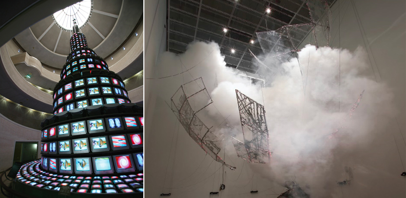 Left) Nam June Paik, The More and The Better, 1988, installation view, National Museum of Modern and Contemporary Art, Gwacheon ⓒ NMMCA/Right) Lee Bul, Aubade III, 2014, aluminium and stainless-steel structure, polycarbonate sheet, metallized film, LED lights, electrical wiring, fog machine. Work commissioned for the Inaugural MMCA Hyundai Motor Series of major new works by prominent Korean artists ⓒ Lee Bul. Photo: Jeon Byung-cheol. Courtesy National Museum of Modern and Contemporary Art, Korea