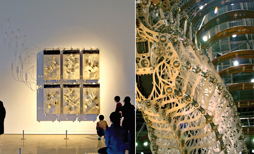 L) Yunchul Kim, EFFULGE, 2012?14, acrylic, glass, aluminum, photonic crystal, neodymium, motor, computer, electronic micro controller, electromagnetic field generator, muon-detector, polyvinyl acetal, air pump. Courtesy the artist<br>
R) Choe U-Ram, Opertus Lunula Umbra (Hidden Shadow of the Moon), (detail), 2008, aluminium, stainless steel, plastic, electronic device (BLDC motor motion computing system). Scientific name: Anmopial Pennatus lunula Uram. Installation view, Art Stations Foundation, Poznan. Courtesy the artist