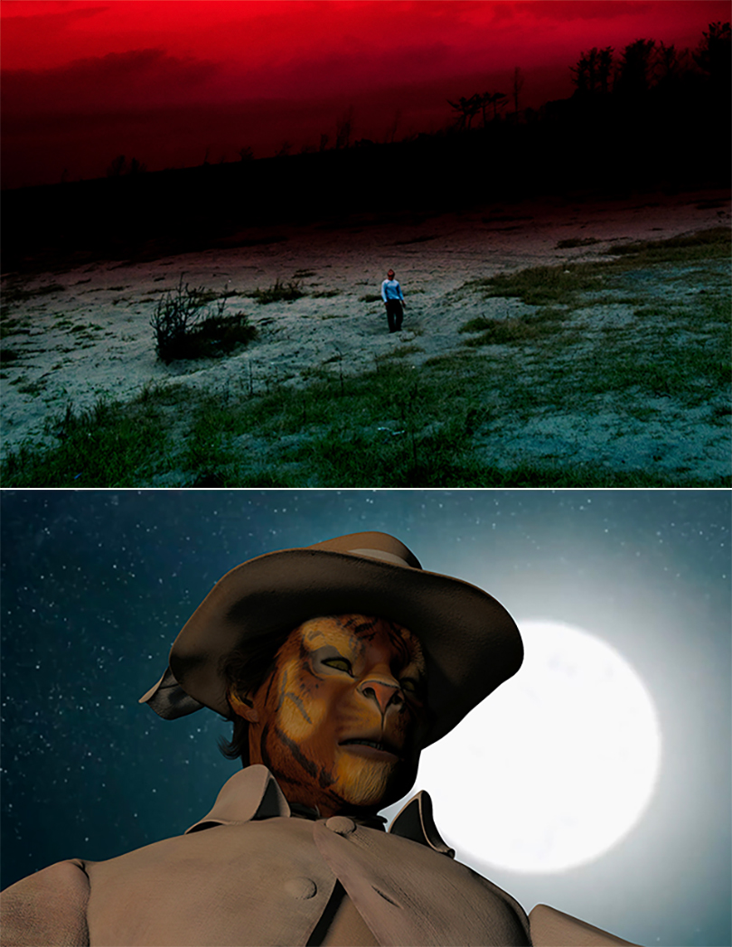 above)Lieko Shiga, from the “Rasen Kaigan” series, 2009, photograph print series. Image courtesy the artist and Haus der Kulturen der Welt.<br>Below)Ho Tzu Nyen, ‘One or Several Tigers’, 2017, synchronised double channel HD projection, automated screen, shadow puppets, 10 channel sound, show-control system. Image courtesy the artist and Haus der Kulturen der Welt.