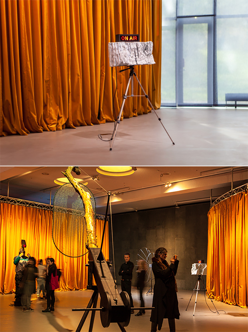 above) Minouk Lim, ‘On Air’, 2015, sponge, paraffin, camera stand, light box, 163 x 58 x 45 cm. Image courtesy the artist and Haus der Kulturen der Welt.<br>Below)Minouk Lim, ‘S.O.S.-Adoptive Dissensus’, 2009, 11:00 min. Installation view. Image courtesy the artist and Haus der Kulturen der Welt.