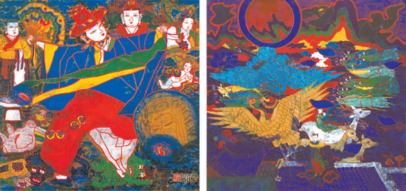 Park Saeng Kwang’s paintings “Shaman 12”(1984), left, and “Sunset”(1979) are part of his retrospective at the Daegu Art Museum, which runs until Oct. 20. [DAEGU ART MUSEUM]