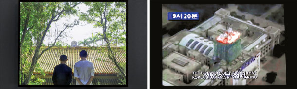 Above left: Liang-pin Tsao’s “Keelung Martyrs’ Shrine” (2016) is shown in a LED light box in his “Becoming/Taiwanese” series. Above right: A capture of Jaeyeon Chung’s “A Sketch for a Foundation” (2019), through which the artist expresses her confused emotions over a now-demolished building built during Japanese rule. 	［PARK SANG-MOON］