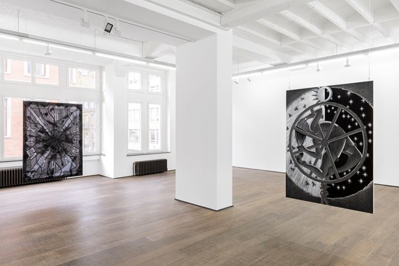 Cindy Ji Hye Kim, The International (2020); 8 Hours of Slumber, Labor & Leisure (2020) (left to right). Exhibition view: Riddles of the Id, rodolphe janssen, Brussels (12 May–18 July 2020). Courtesy the artist and rodolphe janssen. Photo: HV photography. Image provided by OCCULA