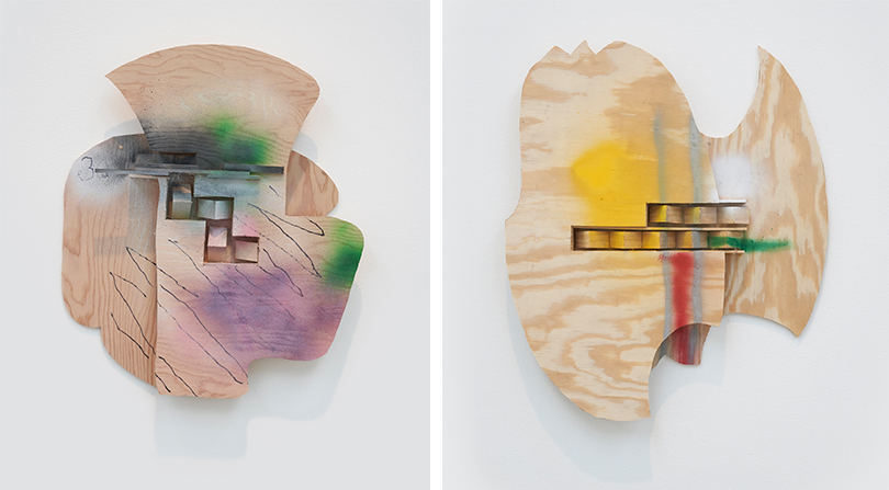 (LEFT) Richard Tuttle Erato (love poetry), 2019 fir plywood, pine lattice stripping, wood glue, nails, spray paints, oil marker, 66.4 × 57.8 × 7.6 cm Photography by Christine Ann Jones © Richard Tuttle, courtesy Pace Gallery (RIGHT) Richard Tuttle Tuesday, 2019 fir plywood, pine lattice stripping, wood glue, nails, spray paints, 77.5 × 66 × 5.1 Photography by Christine Ann Jones © Richard Tuttle, courtesy Pace Gallery