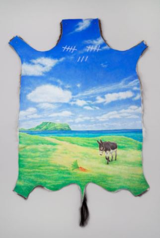 Jang Jongwan, The 13th Hesitation (2015). Oil painting on unknown animal skin. 93 x 135 cm. Courtesy Arario Gallery.