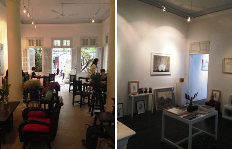 왼쪽) 평상시 카페로 쓰이는 만지의 내부 오른쪽)전시장으로 활용될 때의 만지 