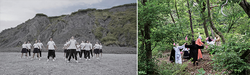 왼쪽) 셰이크, ‘The Subduction Zone-Our Suite de Danes’, 2016, HD 컬러 비디오, 사운드, 7분 31초. 오른쪽) 박찬경 ‘시민의 숲’, 2016, 비디오(b&w), 지향성 사운드, 27분. 