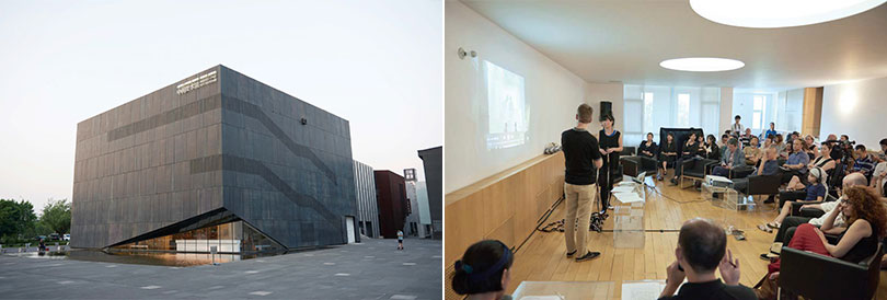 왼쪽)〈낭만도시〉전이 열리는 베이징 중간미술관 외관전경 오른쪽) 전시개막식에 열린 일레인 W.Ho, 에드워드 샌더슨의 퍼포먼스