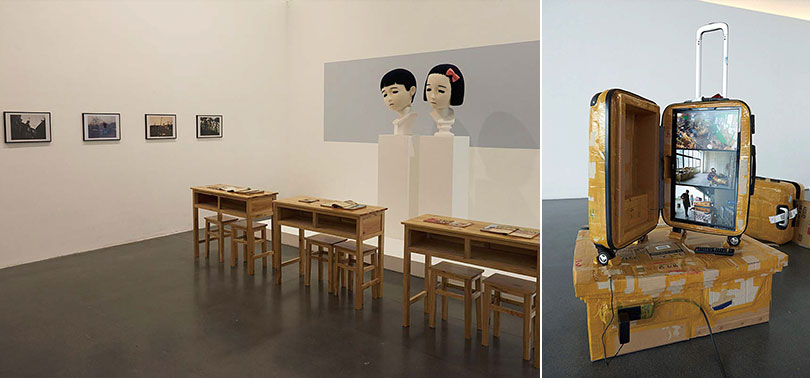 왼쪽) 오석근 <낭만도시의 철수와 영희> 한국과 중국의 교과서, 가면 2017 오른쪽)김월식 <딜리버리 캐리어(배달가방)> 가방, 마분지, 모니터 2017