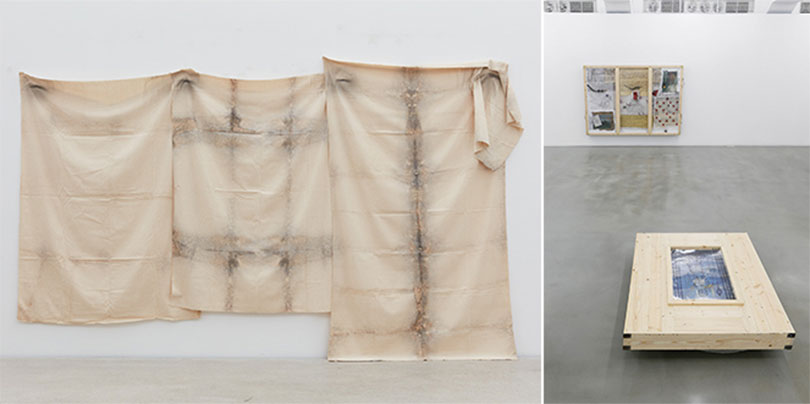 왼쪽) 김용익, ‘평면 오브제’, 1977, 천에 에어브러쉬, 약 200×370cm. 오른쪽) 김용익, 일민미술관 전시 전경. 앞) ‘관’ 작업, 뒤) ‘삼면화’, 2015, 혼합 재료, 157×226×16cm. 2015. 사진: 일민미술관 제공