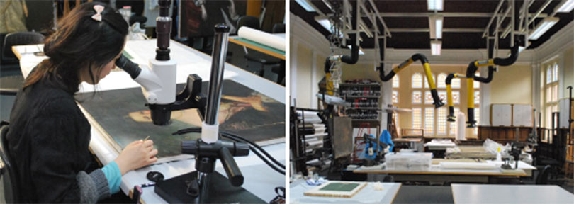 왼쪽) 보존처리에 앞서 작품을 면밀히 관찰하고 조사하는 모습 (사진: 조자현) 오른쪽) 영국의 노섬브리아 대학교, 회화보존스튜디오 전경 (사진: 조자현)