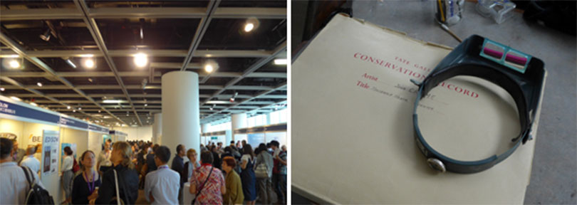 왼쪽) 2014 국제보존학회 현장, 정보교환과 노하우 공유의 장 (사진: 조자현) 오른쪽) 2015 테이트 갤러리, 보존처리 보고서 (사진: 조자현)