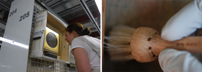 왼쪽)2015 테이트 스토어, 수장고 현장에서의 보존전문가의 모습 (사진: 조자현) 오른쪽)먼지, 곰팡이, 유해환경 속에서 작품에 축적된 먼지를 제거하는 장면 (사진: 조자현)