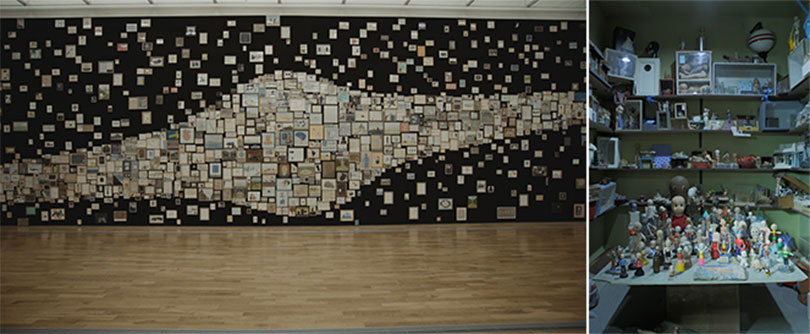 왼쪽) 김을, ‘갤럭시’, 2016, 1450여개 드로잉, 혼합재료, 620×2,750cm. 오른쪽) 김을, ‘트와일라잇 존 스튜디오’(내부), 2016, 목재, 철, 플라스틱, 합성섬유, 페인트, 조명기구, 드로잉, 페인팅 및 각종 오브제, 560×850×450cm. 사진제공: 국립현대미술관.