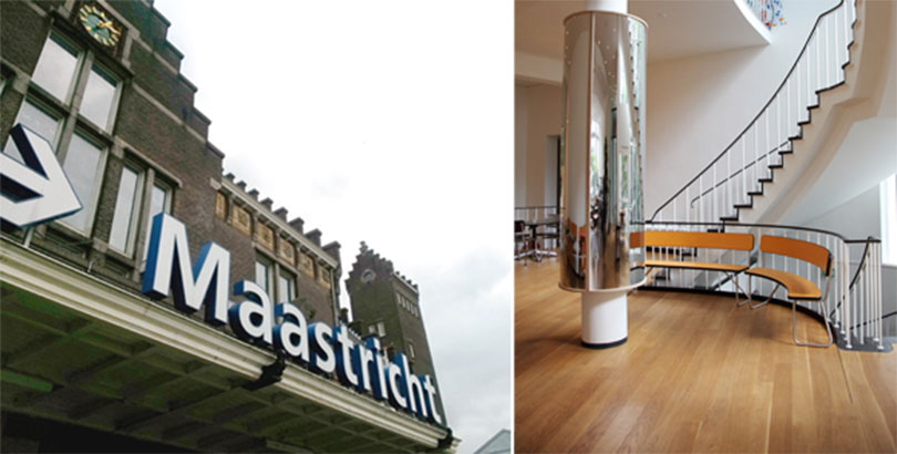 왼쪽) 마스트리트 중앙역 오른쪽) 얀 반 아이크 아카데미 입구와 연결되는 로비. 카페, 라이브러리, 스튜디오 등이 이곳에서 모두 연결되며, 2013년 3월 이후 지금처럼 개방형 공간으로 개조되었다. 