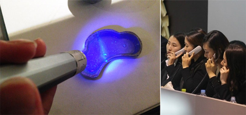 왼쪽) 작품 컨디션 체크, 블랙라이트로 도자기의 수리 및 복원여부를 점검하는 과정이다. 오른쪽) 경매전화응찰 장면 ⓒ노컷뉴스