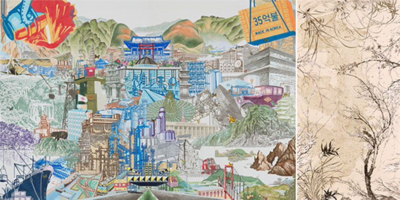 왼쪽) 안동일, Our Land of Korea, 2016, Color on Korean paper, 290.9 x 197㎝ 오른쪽) 최혜리, Bamboo in Snow, Plum Blossom in Summer, Orchid in the Cold in Zero Gravity Seen from All Directions 2016, Ink on Korean paper, gold pigment, 210 x 117 x 4㎝