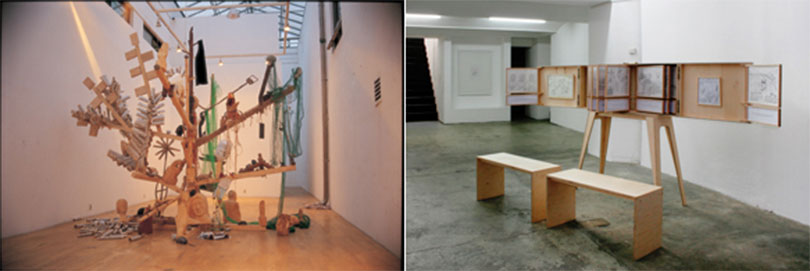 왼쪽) 조해준_기념수_2003-2013_100여개의 조각, 혼합재료, 드로잉, 입체, 설치_300x400x400cm 오른쪽) 조해준_북조선 북한 밖에서 비추어 본 풍경_2011_종이에 연필 드로잉, 나무, 아크릴_ 120x290x40cm