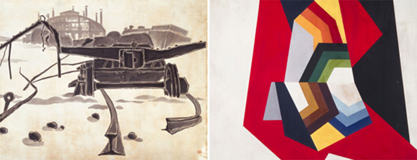 왼쪽)  권영우, 폭격이 있은 후, 종이에 먹, 146x183cm, 1957 오른쪽) 하종현, 도시계획백서, 캔버스에 유채, 80x80cm, 1970