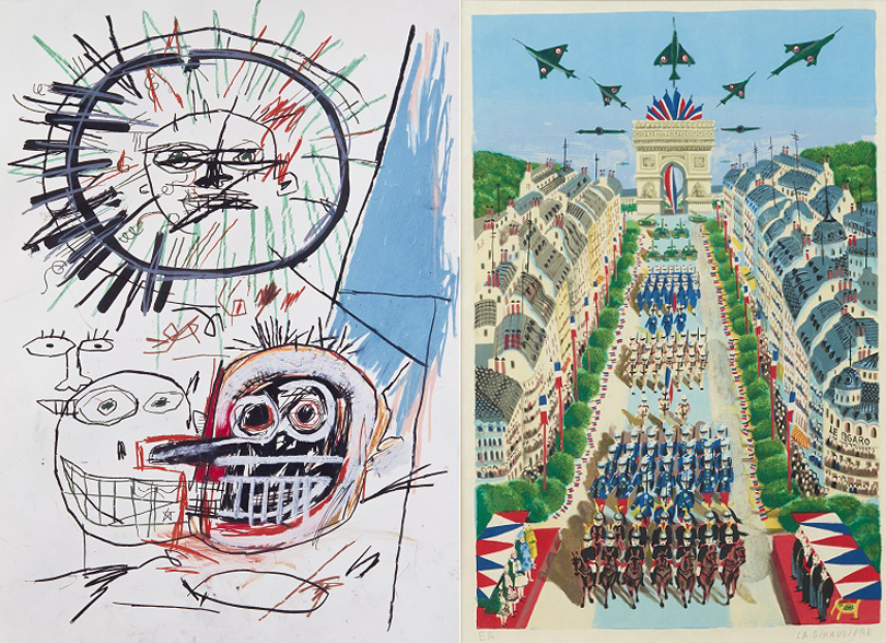 왼쪽 장-미셸 바스키아 <무제> 종이에 크레용, 수성안료 108.5×77.5cm 1982. 오른쪽 마디 드 라 지로디에르 <파리제의 행진> 석판화 64.5×42cm 연도미상. 사진제공 아트인컬처