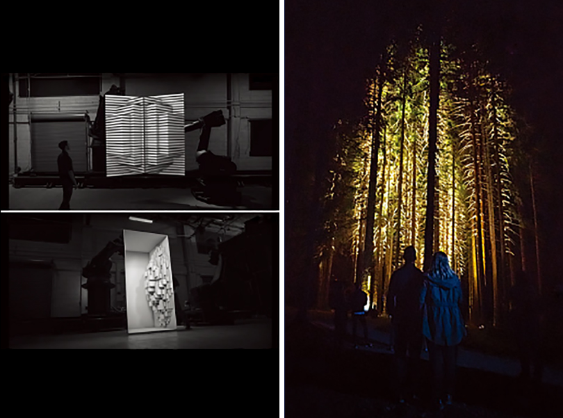 왼쪽 Bot & Dolly 〈Box〉(2013) 최초의 프로젝션 매핑 라이브 퍼포먼스. 이미지제공 월간미술. 오른쪽 모멘트 팩토리가프랑스 Les Gets ski resort에서 선보인 〈ALTA LUMINA〉(2020) ⓒ Moment Factory. 이미지제공 월간미술.