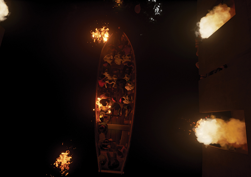 일레인 호이(Elaine Hoey) <물의 무게(The Weight of Water)> 2016 VR설치, 금속망상그리드, 가시철사, 나무, 센서등, 센서 조정 선풍기, 컴퓨터, 오큘러스 리프트, 컨트롤러, 케이블, 회전의자 244x244x244cm 9분 40초 이미지 퍼블릭아트 제공