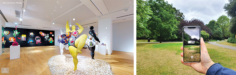 왼쪽 온라인 미술플랫폼 ‘이젤’에 업로드된 니키 드 생팔 개인전 VR 전경_이젤은 클라이언트 갤러리의 전시를 VR 기술로 온라인에 제공하는 업체. 오른쪽 구정아〈Prerequisites 7〉AR 2019_제58회 베니스비엔날레 기간에 맞춰 구정아의 드로잉이 AR작업으로 구현됐다. 이미지 월간미술 제공.