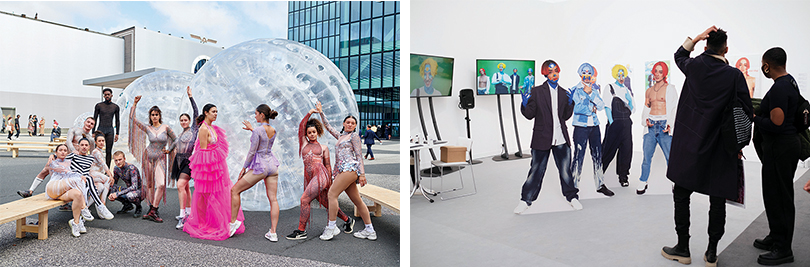 왼쪽 2021아트바젤에는 아시아, 유럽, 북미 등 33개국 273개 갤러리가 참여했다. 전시장 메세플라체의 야외 행사로 몬스터 체트윈드가 퍼포먼스와 대형 설치작업을 마련했다. 오른쪽 프리즈 런던 2021 전경_홍콩 기반의 블라인드스폿갤러리 부스에는 보이밴드 캐릭터를 콘셉트로 차용한 신와이킨의 영상작업이 설치돼 이목을 끌었다. 2022년에는 프리즈 서울이 개최될 예정. 이미지 월간미술 제공.