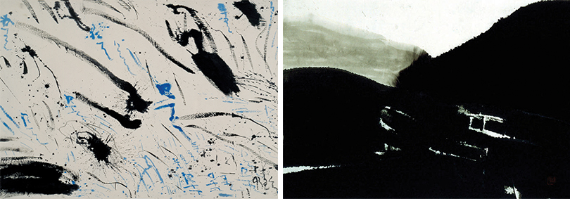왼쪽〈계곡〉한지에 먹, 채색, 153×217cm 1993. 오른쪽〈산〉한지에 먹, 채색 125×180cm 1992. 이미지 월간미술 제공