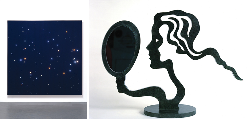 (LEFT) Angela Bulloch, Night Sky: Cepheus & Cygnus Square, LED Installation, felt, aluminum, cables, 266.4x266.4x5cm, 2022. Presented by Esther Schipper. Angela Bulloch is recognized as part of the yBa (young British artists) group. The night sky, expressed in LED installation, explores the birth of the universe. Image courtesy of Art in Culture.(RIGHT) Roy Lichtenstein, Woman with Mirror, patinated bronze and mirror, 99x28x71cm, 1996. Presented by the Castelli Gallery. Roy Lichtenstein is a true master of pop art. The Castelli Gallery New York presented Lichtenstein’s 1980-90s’ works during the Frieze Masters Section. Image courtesy of Art in Culture.