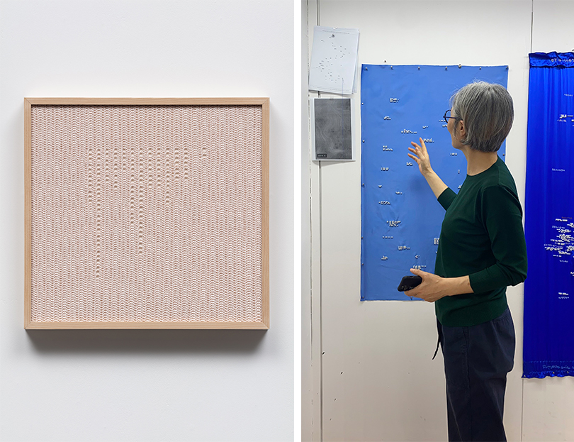 (왼쪽) 〈꽃 3 (나태주)〉, 2022, 면사, 천, 패널, 37x37cm. (오른쪽) 고산금 작가가 자신의 작업실을 소개하고 있다. 