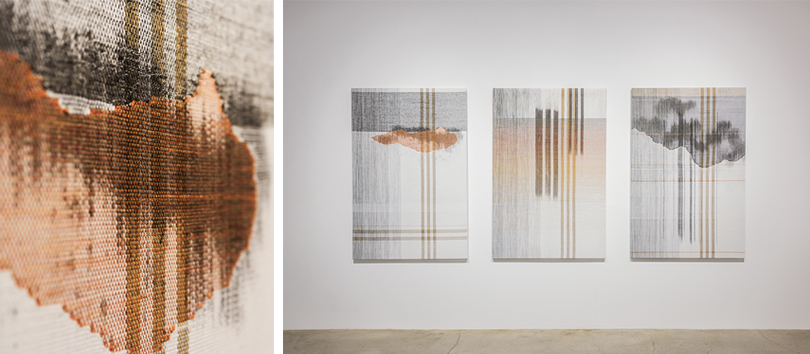 〈그라데이션얼룩-1〉, (세부), 면사, 합성사, 염료, 146×97cm (3), 2019. 이미지 인천아트플랫폼 제공.