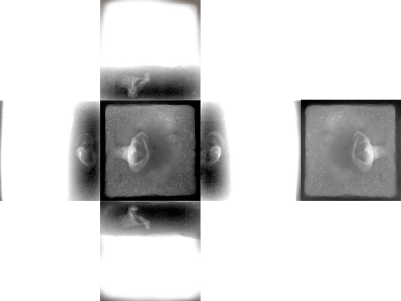 Wooden Cube, approx.15cm in Side Length, Became a Plaster Cube in which Something’s Negatives are Hidden (detail), 2018,  Non-destructive inspection X-ray, ecoﬁne art 210g, Archival pigment print, 49×49×69cm