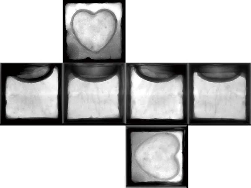 Wooden Cube, approx.15cm in Side Length, Became a Plaster Cube in which Something’s Negatives are Hidden (detail), 2018,  Non-destructive inspection X-ray, ecoﬁne art 210g, Archival pigment print, 49×49×69cm