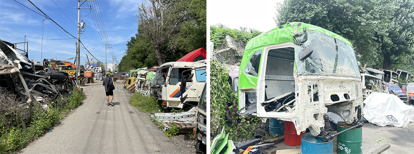 (좌) 성동구 송정동의 폐기물 집하장. (우) 1톤 트럭의 앞쪽 차체 프레임.