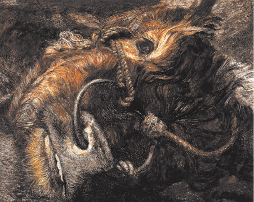 <우리는 늘 소가 넘어갑니다(속아 넘어갑니다)>, 캔버스에 머리카락, 181.8×227.3cm, 2012~18. 황재형은 머리카락으로 과거의 작업을 다시 그리거나 사회적 사건을 묘사한다. 이 작품은 세월호 침몰을 초래한 정치적 사건을 은유한다. 이미지 아트인컬처 제공. 