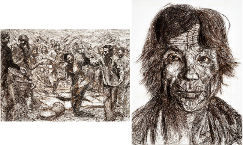 왼쪽 <내 땅을 딛고서서>, 캔버스에 머리카락, 162×227cm, 2016. 오른쪽 <드러난 얼굴>, 캔버스에 머리카락, 162.2×130.3cm 2017. 현재에 되살아난 과거 탄광촌 경험. 노동자의 이야기에 ‘사실성’의 숨을 불어넣는 실험은 여전히 지속 중이다. 이미지 아트인컬처 제공. 