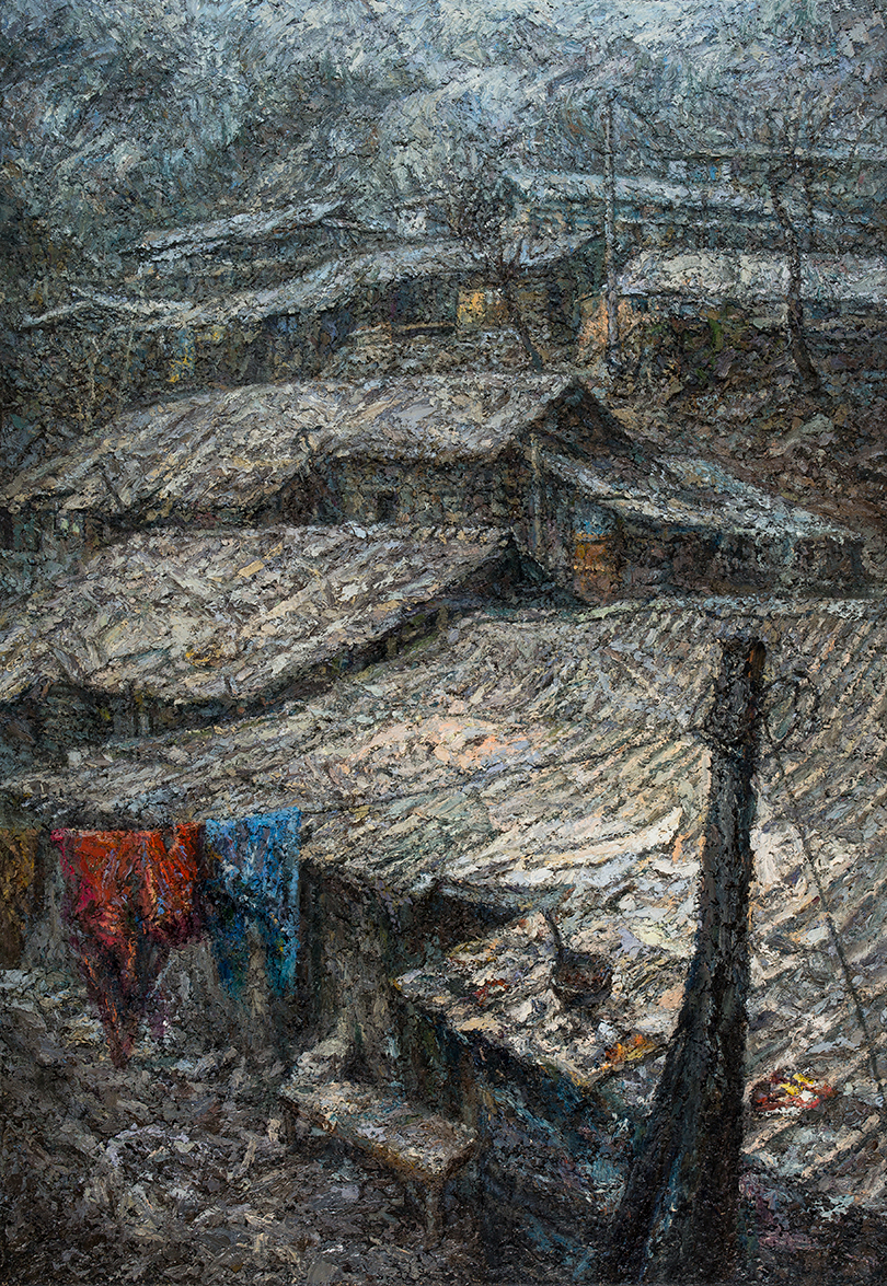 <이른 장마>, 캔버스에 유채, 162×112.1cm, 1993~2006. 1990년대 이후 작가는 쇠락한 폐광촌과 강원도 풍경을 그렸다. 한국 사회의 압축 성장이 야기한 모순과 문제를 기록하려는 목적. 이미지 아트인컬처 제공.