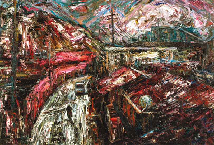 〈Sulfuric Acid〉, 캔버스에 유채, 112.1×162.2cm, 2008. 황재형의 풍경화는 두꺼운 마티에르가 특징이다. 작품 제목인 ‘황산’은 환경 오염으로 검붉게 물든 사회를 의미한다. 리얼리티를 획득하기 위한 실험적 작품. 이미지 아트인컬처 제공. 