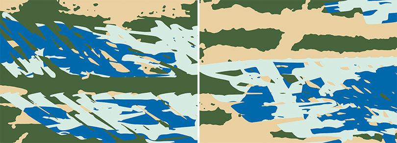 〈다른합성 Part 2-1〉,〈다른합성 Part 2-5〉, 캔버스 패널에 아크릴릭, 29×40cm, 2019. 이미지 인천아트플랫폼 제공. 