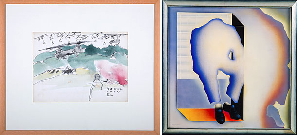 Left: Chun Kyung-ja’s painting “Operation Transportated by Helicopter” (1972), from her years as a military painter during the Vietnam War. Right: Artist Park Seo Bo’s “Hereditarius No. 6-69.” [SEMA]