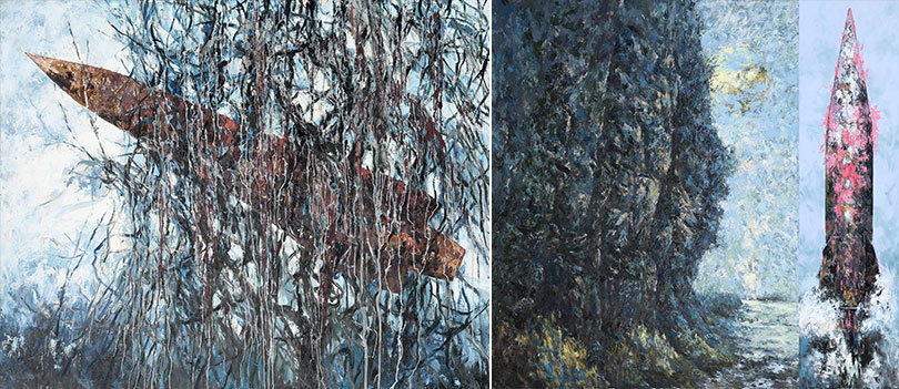 L) Song Chang, Arrow-Root Vine, 2015, Oil on canvas, 130x162cm / R) Song Chang, Destiny, 2016, Oil on canvas, 181.8x287.3cm