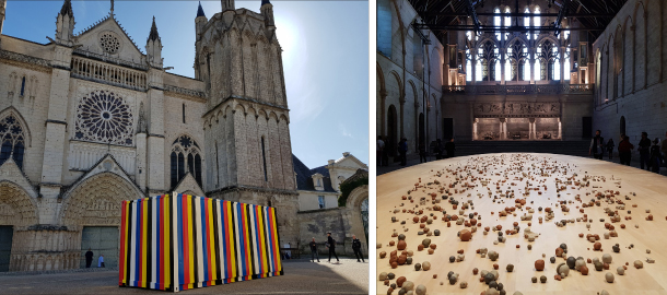Left: A shipping container covered with obangsaek in the square of the city’s landmark Poitiers Cathedral. It is artist Kimsooja’s new piece titled “Bottari 1999-2019.” Right: Kimsooja’s performance installation “Archive of Mind” at the Palace of the Dukes of Aquitaine. MOON SO-YOUNG