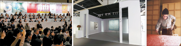 From left: Staff members of Christie’s on the phone participating in the auction on behalf of bidders; Kim’s work had been displayed within a separate space in the preview exhibition, opposite Chinese artist Sanyu’s “Five Nudes”; A photograph of Kim Whanki in his New York studio shows Kim working on his work laid down, the eastern way. (CHRISTIE’S, YOON SO-YEON, WHANKI FOUNDATION)