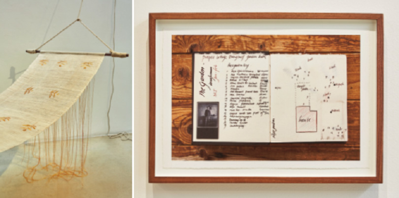 (Left) Kang Seung Lee, Untitled (Cover), 24K Nishijin gold thread on sambe (hemp fabric), 48 × 33 cm, 2018. Image courtesy of ONE AND J. Gallery. (Right) Kang Seung Lee, Untitled (Garden Book), archival pigment print on hahnemühle paper, 33 × 48 cm, 2018. Image courtesy of ONE AND J. Gallery.