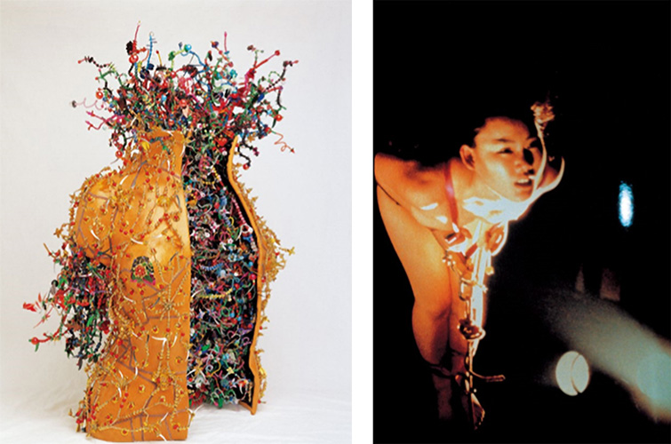 (왼쪽)〈플렉서스(Plexus)〉 Leather, velvet, sequins, beads 95×80×35cm 1997~1998 Photo courtesy: Studio Lee Bul (오른쪽)〈낙태(Abortion)〉 Still from original performance 1989 Photo courtesy: Studio Lee Bul
